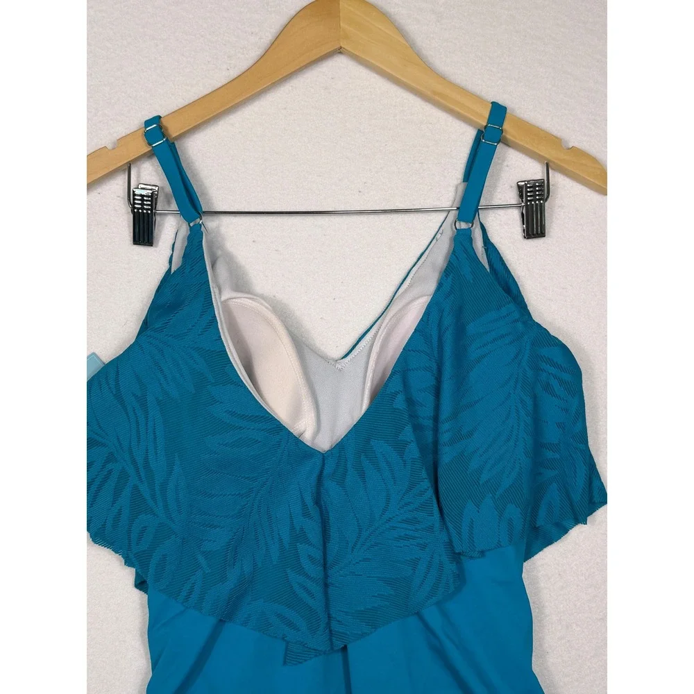 Bal Harbour Swim One‎ Piece Women 14 Teal Blue Ruffle Tropical Palm Leaf NEW